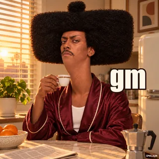 Phil in a burgundy silk dressing gown at a small kitchen table, staring deadpan into camera over a tiny espresso cup, sunrise through blinds, his enormous hair fills the width of the image.