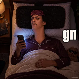 Phil lying completely stiff in a tiny bed, silk sleep mask pushed up onto his forehead, his enormous rectangular hair spilling beyond both sides of the pillow, phone still glowing in one hand, dark bedroom.