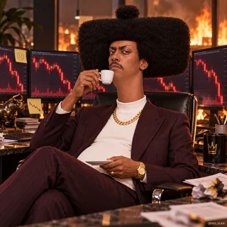 Phil seated calmly in an office chair sipping espresso while a row of trading monitors behind him show abstract red plunging candles. Burgundy suit, bored stare directly at camera. Cinematic office fire chaos metaphor but no bodily harm.