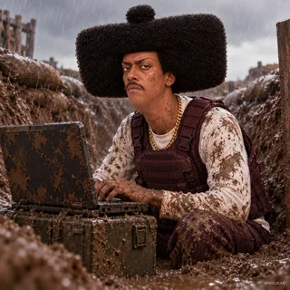Phil in a muddy trench wearing a burgundy tactical vest over his white shirt, gold chain visible, hunched over a rugged laptop in rain, hair still absolutely pristine, exaggerated exhausted stare.