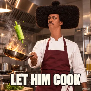 Phil in an industrial restaurant kitchen as a chef in burgundy apron and white jacket, flipping one neon green candlestick shaped piece of food in a frying pan, dead serious precision, no hat so full hair silhouette visible.
