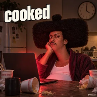 Phil slumped at a laptop at 4 a.m. in a cheap kitchen, bathrobe open over white tank top, empty instant noodle cups nearby, screen bathing his face in red, completely thousand-yard stare.