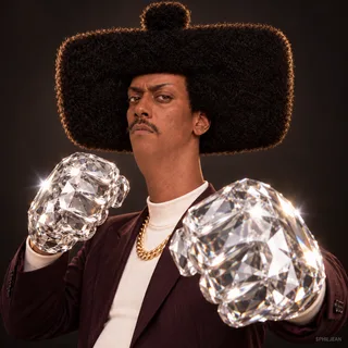 Waist-up Phil wearing his burgundy suit and lifting two huge faceted clear diamond fists into the foreground, face unchanged and unimpressed, quiet dark studio with dramatic side lighting, instantly legible reaction.
