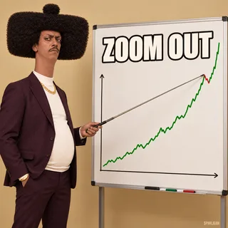 Phil at a whiteboard holding an absurdly long pointer at a tiny red dip in an otherwise enormous hand-drawn green upward chart. His skeptical expression says this is obvious. Burgundy professor jacket, gold chain.