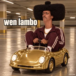 Phil squeezed into a tiny child-sized gold pedal sports car in an empty luxury parking garage, knees absurdly high, designer burgundy tracksuit, gold grillz barely visible, completely straight face. No car logos.