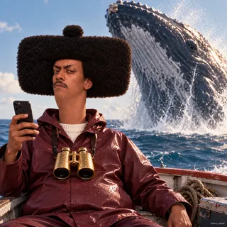 Phil on a tiny fishing boat at sea using gold binoculars, an enormous majestic whale surfacing behind him, he stays focused on his phone instead, burgundy sailor raincoat, full hair uncovered.