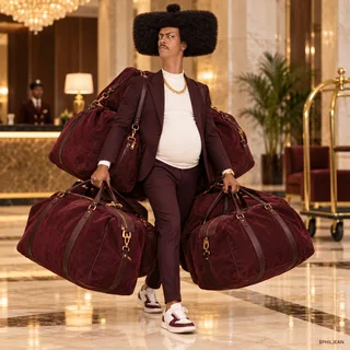 Phil in a luxury hotel lobby struggling under many enormous burgundy duffel bags, chin proudly raised, gold chain and burgundy suit, overloaded but absolutely dignified, no text or currency logos on bags.
