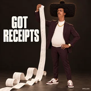 Phil in his suit holding up a ludicrously long thermal receipt that spills down onto the floor, squinting at camera with a stern investigative look, simple dark background, no legible small print.