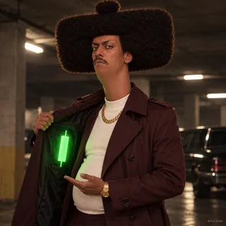 Phil wearing a burgundy trench coat in a shadowy parking garage opening one side of his coat to reveal a single glowing green candlestick tucked inside, conspiratorial raised eyebrow, cinematic noir, no weapons.
