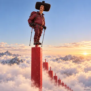Phil in full burgundy mountaineering gear standing proudly on the absurdly narrow summit of one giant red trading candlestick above clouds, looking down with sudden realization, clear readable silhouette, full hairstyle visible.