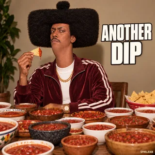 Phil seated at a table with a single tortilla chip, surrounded by far too many bowls of red dip stretching across the table, burgundy tracksuit, worn-out expression at camera, flash photography.