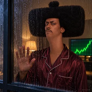 Phil in burgundy silk pajamas standing outside a dark window in the rain, inside the room a single vivid green chart is visible on a monitor, his hand on glass, deadpan regret, no other people.