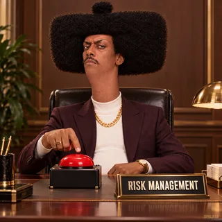 Phil in a pristine burgundy suit at a formal executive desk with one enormous red arcade button in front of him, finger hovering with total conviction, a small office sign reading RISK MANAGEMENT, cinematic centered composition.