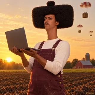 Phil wearing burgundy farmer overalls in a freshly plowed field, holding an open laptop like a sacred harvest, a few small parachute crates descending far behind, unimpressed farmer stare, golden hour.