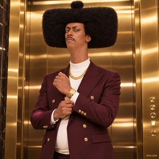 Phil in a perfectly tailored double-breasted burgundy suit, white turtleneck, massive gold chain and gold watch, tightening one cuff while glaring at the viewer, full hair shown, luxury elevator on-camera flash editorial.