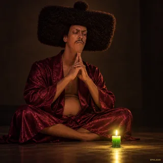 Phil sitting cross-legged in a burgundy silk robe in a dark room, solemnly contemplating one tiny glowing green candle on the floor, absurdly reverent but expression still grumpy, chiaroscuro, full hair.