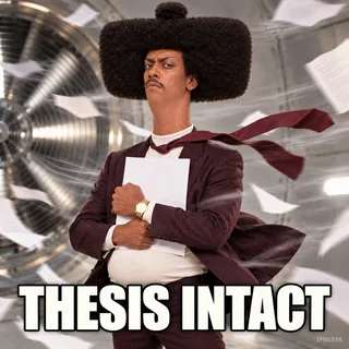 Phil in burgundy suit inside a wind tunnel, tie flying and papers swirling everywhere, firmly holding one crisp blank sheet against his chest, immovable stare, his geometric afro somehow remains perfect.