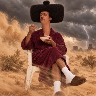 Phil in burgundy bathrobe seated in a cheap plastic lawn chair in the middle of a stormy desert, calmly eating from a small bowl, wind and dust everywhere but hair perfectly structured, wide cinematic absurdist framing.