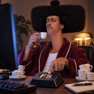 Phil at a computer desk with his finger pressing one comically oversized keyboard key labeled F5, monitor light on his hollow-eyed face, bathrobe, espresso cups, close waist-up composition.