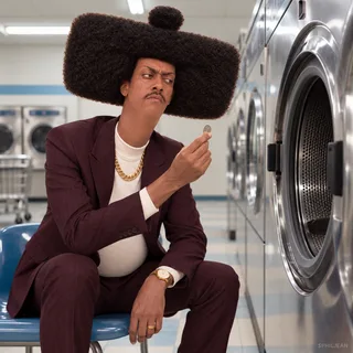 Phil in burgundy suit sitting alone in a laundromat staring into an empty washing machine, holding a single coin between finger and thumb, crestfallen but still judgmental, fluorescent cinematic still.