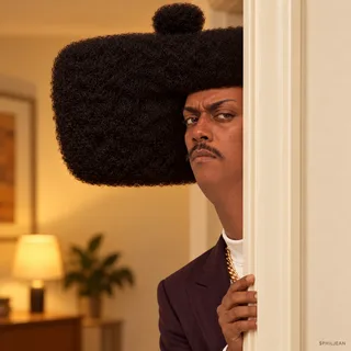 Phil peering around a plain doorway with just half his face visible but nearly all his huge rectangular hair sticking out into the hallway, suspicious narrowed eyes, warm interior, absurd visual comedy.