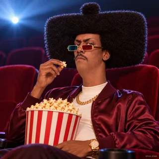 Phil in a plush cinema seat wearing burgundy satin jacket and tiny gold-framed 3D glasses, huge tub of popcorn resting on his belly, one piece halfway to his mouth, judgmental stare, dramatic screen light.
