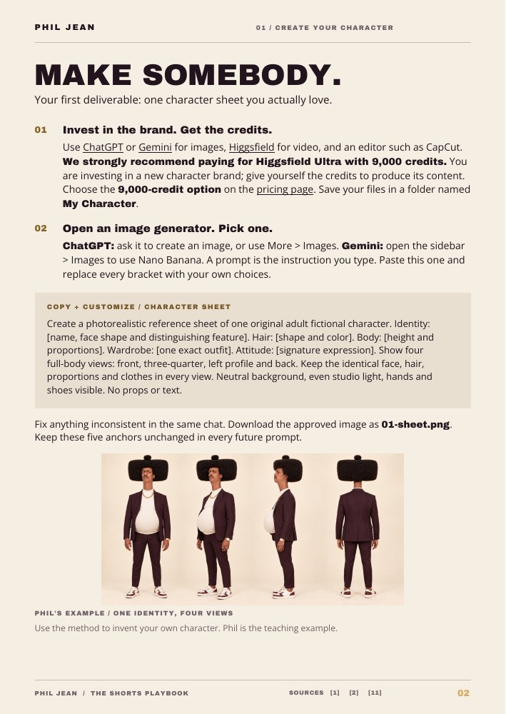 Actual page 2 of the playbook: character sheet instructions and Phil’s four-view example.